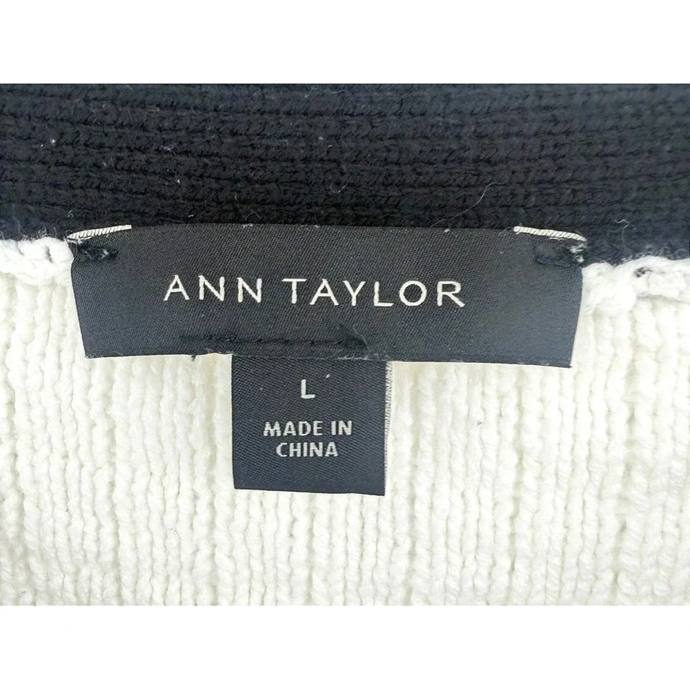 Ann Taylor Women L Cream Black Waffle Knit Button Front Cardigan Sweater - Picture 2 of 9